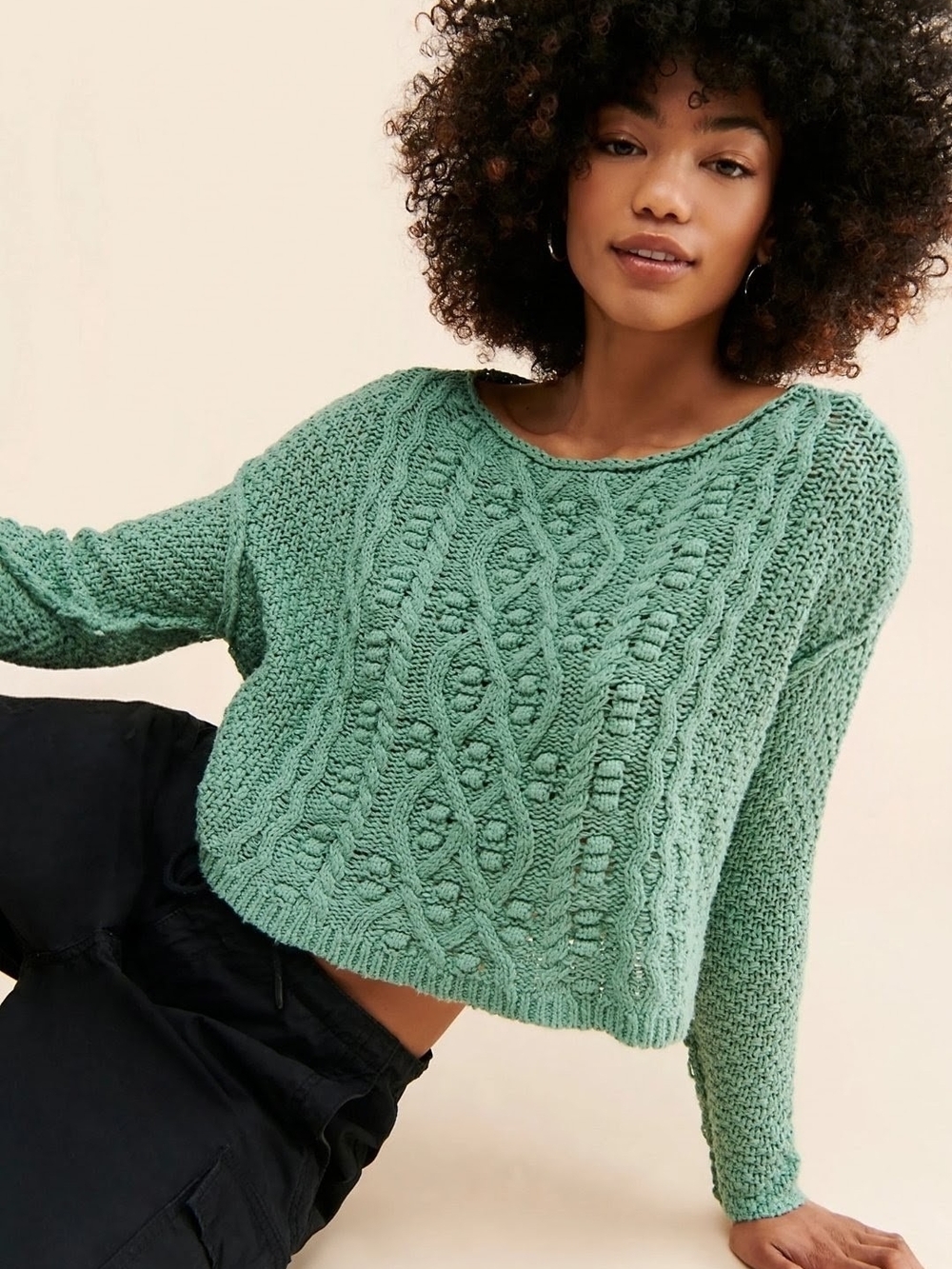 Free People Changing Tides Green Cable Knit Cropped Pullover Sweater Top S